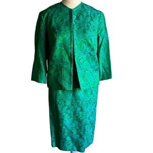 50s Vintage CAROL CRAIG | Matching Green and Blue Brocade Skirt Suit | Sz Small